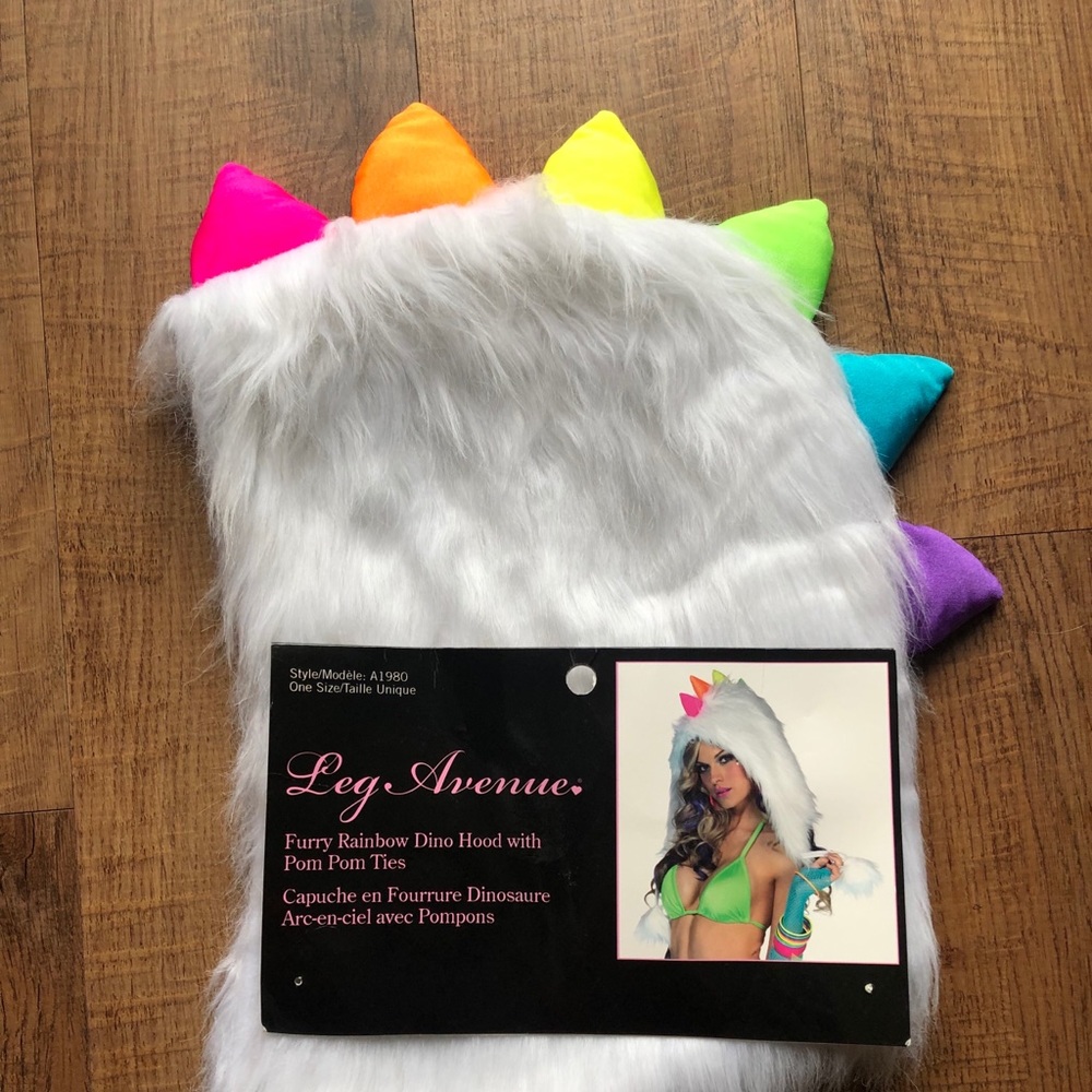 LEG AVENUE Furry Rainbow Dino with Pom Pom Hood Rave Halloween Costume